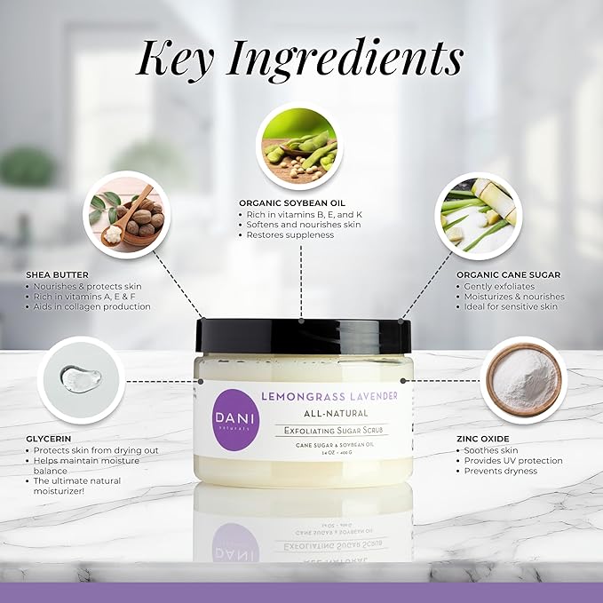 DANI Naturals Sugar Scrub - Exfoliating Lemongrass Lavender with organic cane sugar and shea butter gently exfoliates and hydrates, leaving skin smooth and refreshed. 14 oz