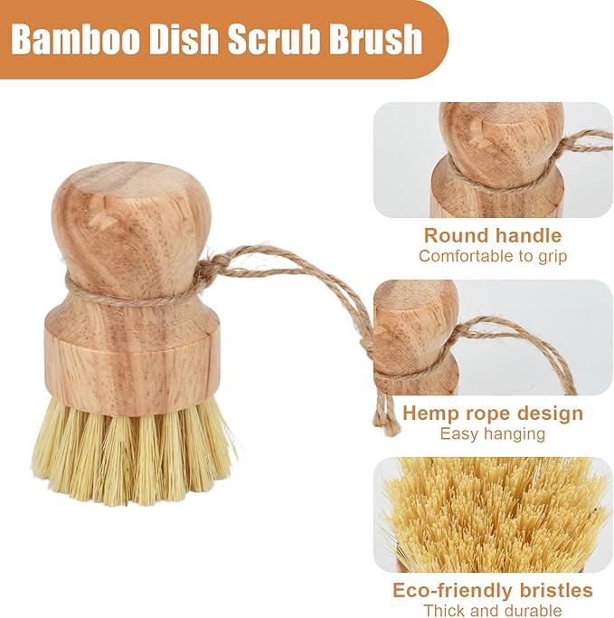 3 Pack Wood Dish Brush Set, Wood Scrub Brush for Dishes with Natural Sisal Bristles for Cleaning Pots, Pans and Vegetables