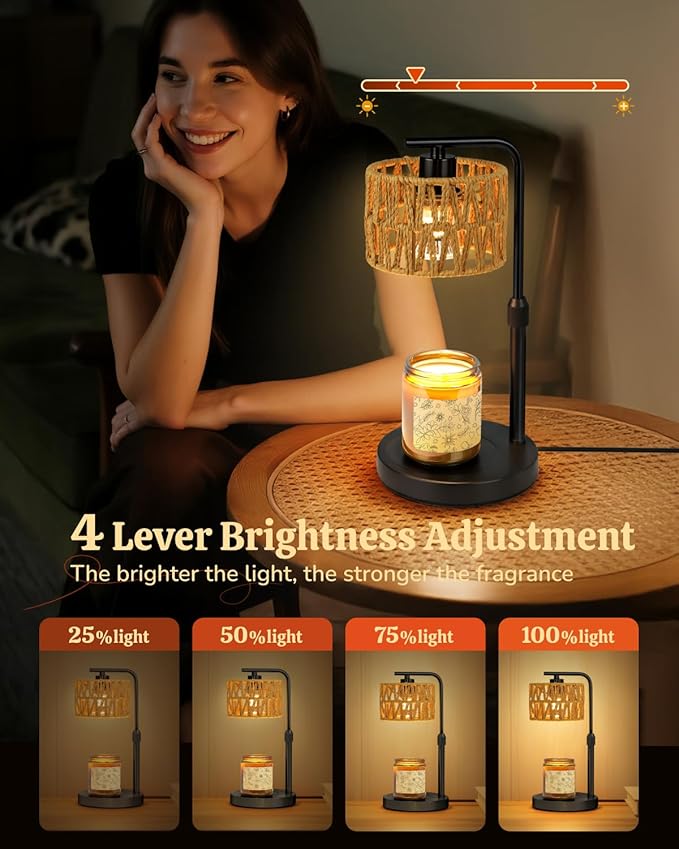 Candle Warmer Lamp, Timer Dimmable Wax Warmer, Adjustable Height and Brightness Candle Melt Lamp, Boho Rattan Lampshade and 2 Bulbs, Suitable for Home Decor, Birthday Gifts for Women Mom (Black)