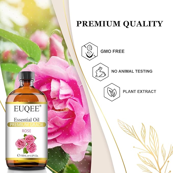 EUQEE Rose Essential Oil 118mL Large Capacity Rose Oil Premium Essential Oil with Glass Dropper for Diffuser, Soap & Candle Making, Aromatherapy - 4Fl. Oz