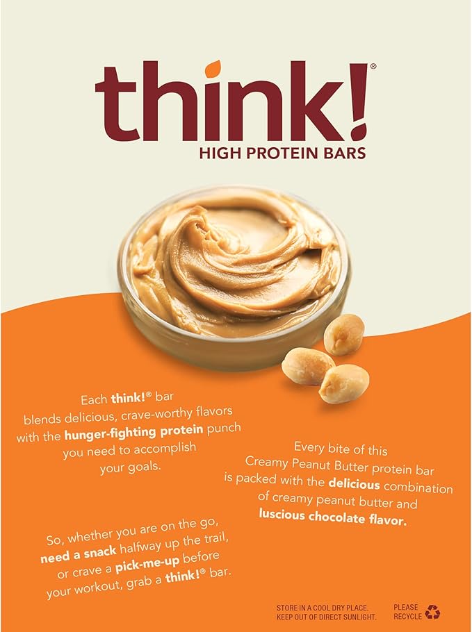 Think! Protein Bars, High Protein Snacks, Gluten Free, Sugar Free Energy Bar with Whey Protein Isolate, Creamy Peanut Butter, Nutrition Bars without Artificial Sweeteners, 1 Box (Pack of 2)