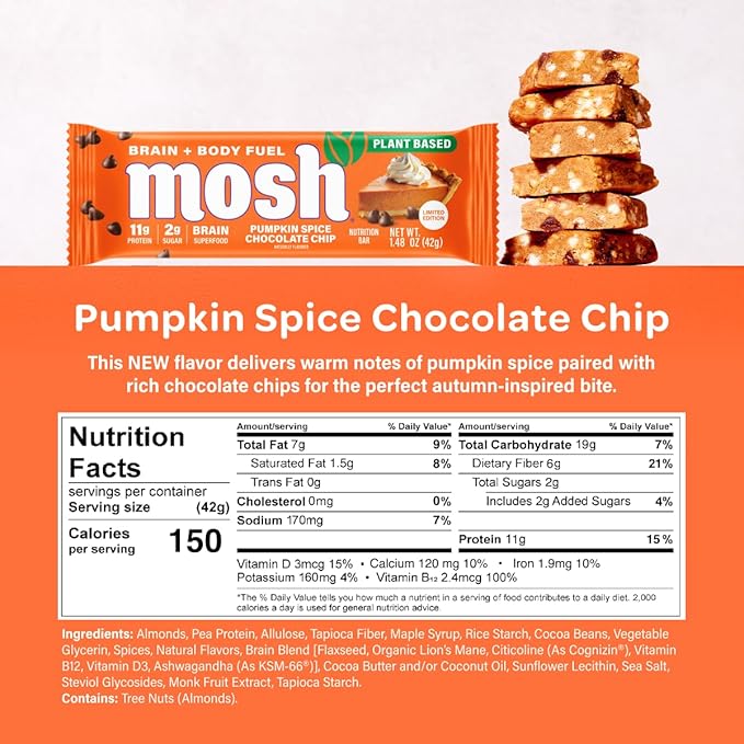 MOSH Pumpkin Spice Chocolate Chip Vegan Protein Bars, Plant Based, Keto, Gluten-Free, Brain Healthy Snack with Cognizin, Ashwagandha and Lion's Mane, 12 Count