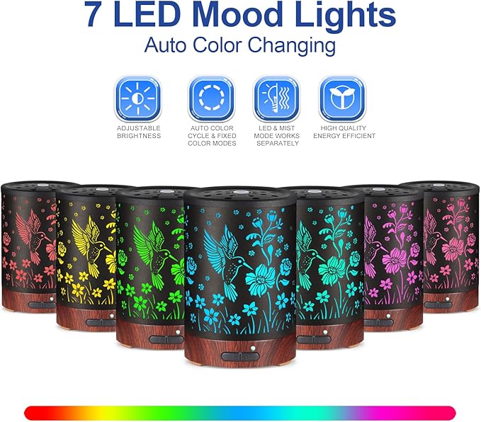 Essential Oil Diffuser- Metal Cool Mist Humidifier-Aromatherapy Diffuser with7 Colors Light, and Auto-Off - for Home and Office（Hummingbird）……