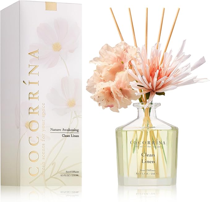 COCORRÍNA Reed Diffuser - Clean Linen 8.5oz Flower Reed Diffuser Set with 8 Sticks, Home Fragrance Reed Diffuser for Home Bedroom Office Bathroom Shelf Decor (Master Collection)