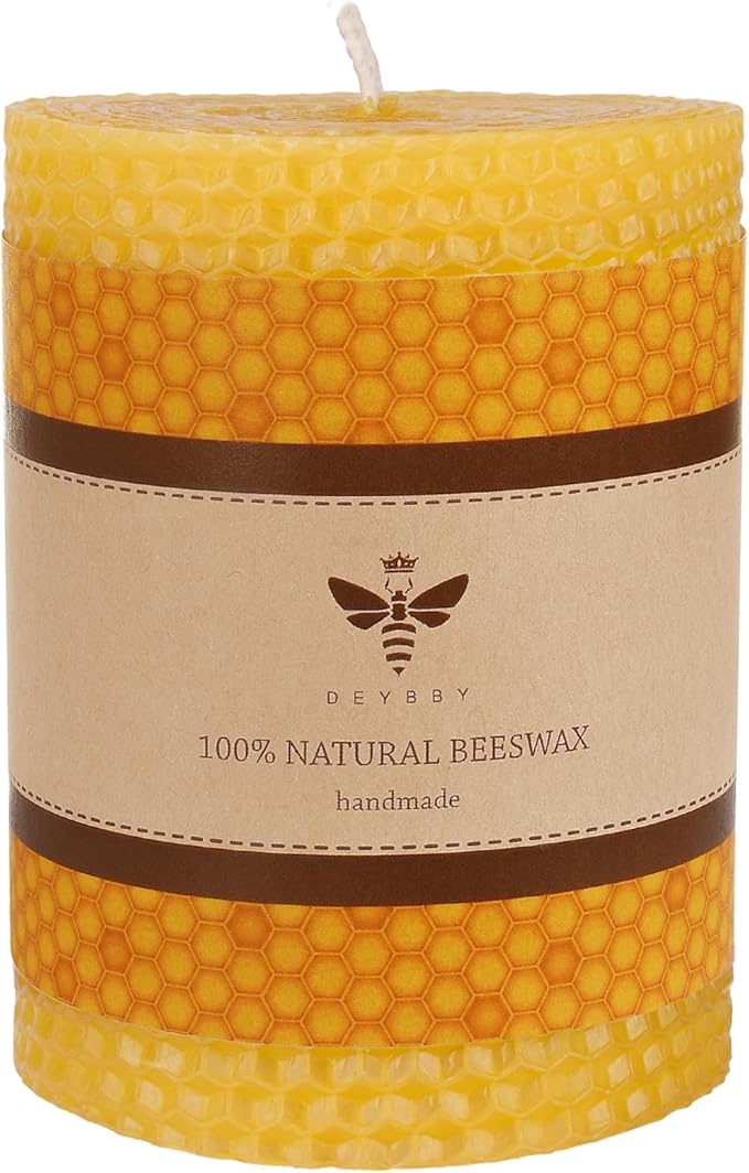 DEYBBY 3×4 in Beeswax Pillar Candle - Handmade Pure Beeswax Rolled Candle for Gift & Home Decor