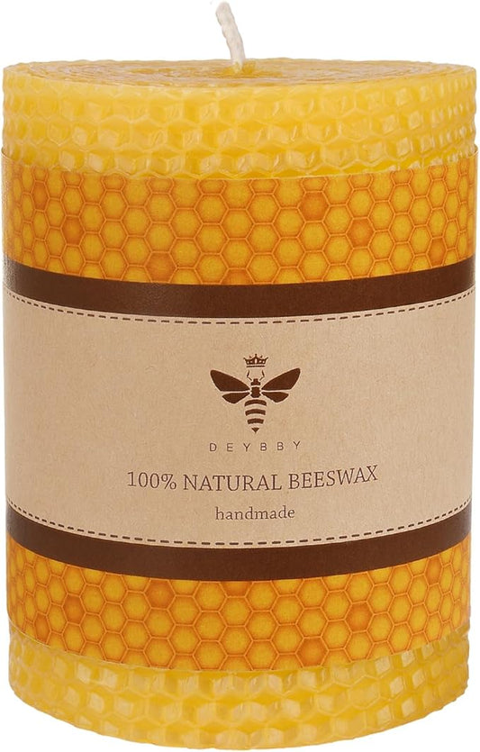 DEYBBY 3×4 in Beeswax Pillar Candle - Handmade Pure Beeswax Rolled Candle for Gift & Home Decor