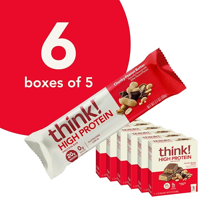 think! Protein Bars, High Protein Snacks, Gluten Free, Kosher Friendly, Chunky Peanut Butter, Nutrition Bars, 2.1 Oz per Bar, 30 Count (Packaging May Vary)