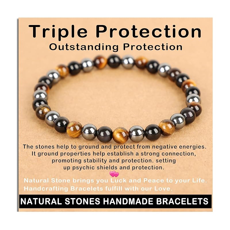 AD Beads Handmade Gemstone Stretch Elastic Bracelet Crystal Healing Reiki Nature's Beauty and Spiritual Essence Unisex (6mm, Triple Protection (Strong Protect))