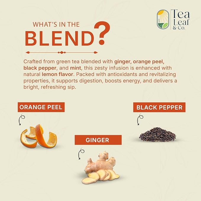 Lemon Ginger Green Tea Bags (50 Count), Green Tea with Orange Peel, Black Pepper & Mint Extract, Caffeinated, Real and Natural Green Tea, Blended with Fresh Herbs and Spices, Gluten Free