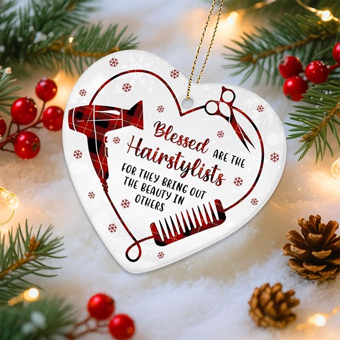 34HD Gifts for Christmas, Hairstylist Christmas Ornament Heart-Shaped Ceramic 2-Side Printed, Hairstylist Gifts Women, Christmas Decorations for Trees