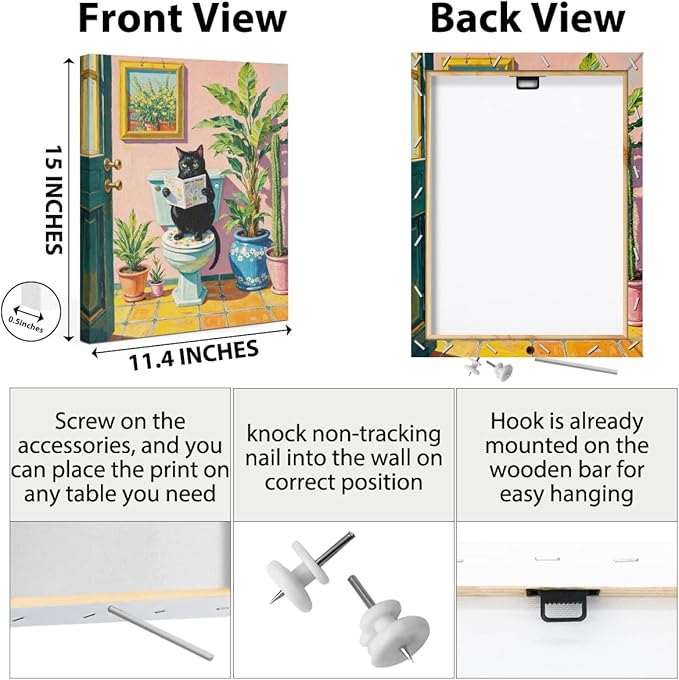 Funny Cat on Toilet Paintings Wall Art, Cat Lover Gifts, Botanical Wallpaper Canvas Framed Prints Modern Decorations, Pink Cute Poster for Living Room Bathroom Entryway Book Shelf Farmhouse
