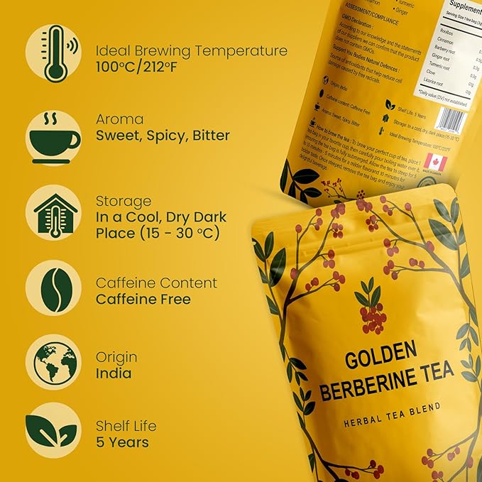 Berberine Tea 45g Natural Organic Caffeine-Free Blend Non-GMO Herbal in Plastic-Free Stand Alone Pouch Delicious Antioxidant for Immune Support