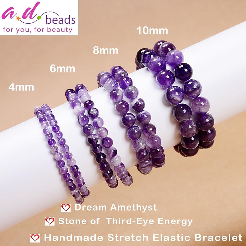 AD Beads Handmade Gemstone Stretch Elastic Bracelet Crystal Reiki Nature's Beauty and Spiritual Essence Unisex (4mm, Dream Amethyst (Third-Eye Energy))