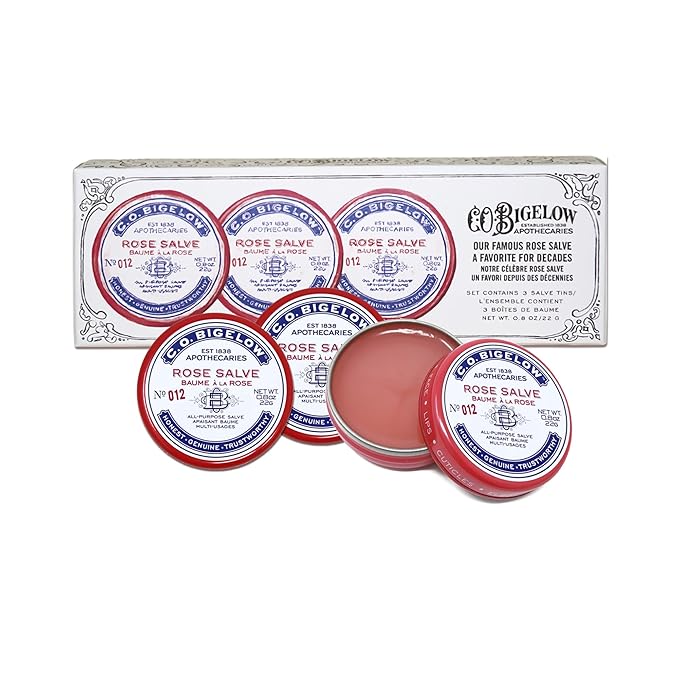C.O. Bigelow Rose Salve Tins, Pack of 3 Lip Balm Tins, All Purpose Salve for Lips, Cuticles, Hands & Dry Skin, Lip Balm Set, 0.8 oz