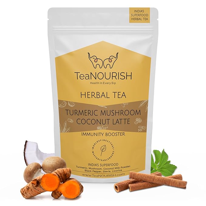 TeaNOURISH Turmeric Mushroom Coconut Latte | Caffeine-Free, Immunity-Boosting Herbal Tea Latte with Turmeric & Reishi Mushroom | 100% NATURAL INGREDIENTS | 3.53oz/100g