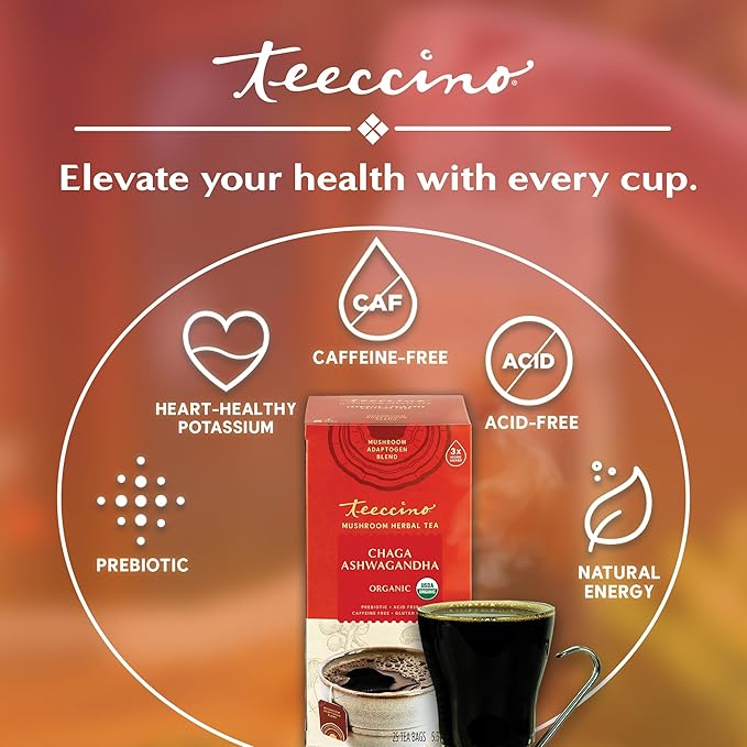 Teeccino Chaga Ashwagandha Tea - Butterscotch Cream - 25 Tea Bags - Organic Mushroom Adaptogenic Herbal Tea, 3x More Herbs than Regular Tea Bags, Prebiotic, Caffeine Free, Gluten Free