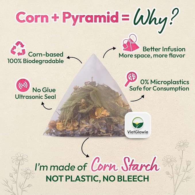 VietGlowie 20 Chamomile Blend Pyramid Tea Bags, 11.5g/Bag to 33oz, Chamomile, Lavender, Brown Rice, Stevia, Bedtime Tea, Sleep Support Herbal Tea, Caffeine-Free, 100% Natural, Corn-Based Tea Bags