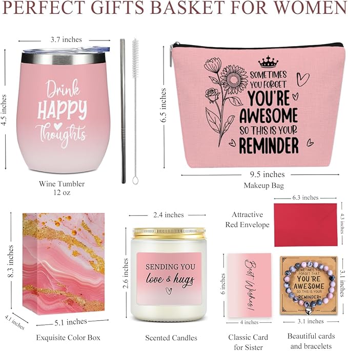 Insparational Birthday Gifts for Women, Thank You Appreciation Friendship Self Care Gifts for Women, Girls Grandma Friends Girlfriend Christmas Wine Tumbler Makeup Bag Scented Candle Bracelet Set