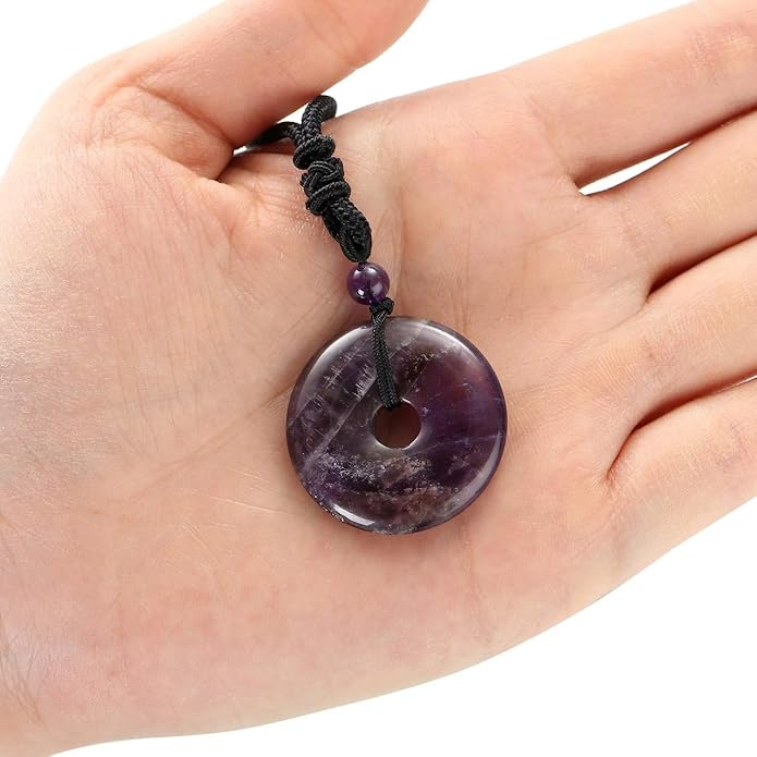 Jovivi 30mm Circle Donut Healing Crystals Necklace Natural Semi-Precious Chakra Gemstone Stone Amulet Lucky Coin Donuts Charm Protection Quartz Reiki Pendant Necklace for Men Women Adjustable Rope