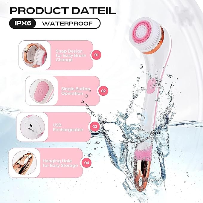 Body Brush Rechargeable, Electric Body Brush Set, Scrubber Shower Brush with Long Handle, Spin Skin Brush with 6 Brush Heads for Cleanse, Massage, exfoliate and Pamper Your Skin in The Shower (Pink)
