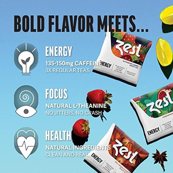 Zest 135-150mg High Caffeine Energy Leaf Blends - Variety Mini Sampler Pack - Black Tea & Green Tea - 6 Tea Bags - Natural Strong Flavored Healthy Coffee Alternative Highly Caffeinated Keto Substitute