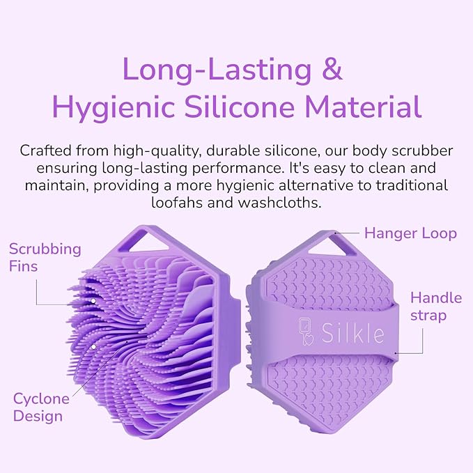 Silicone Body Scrubber - Exfoliating Bath Brush and Skin Cleanser - Shower Sponge for Gentle Body Scrub and Wash - Silicone Scrubbing Care Tool for a Refreshed and Renewed You - Purple