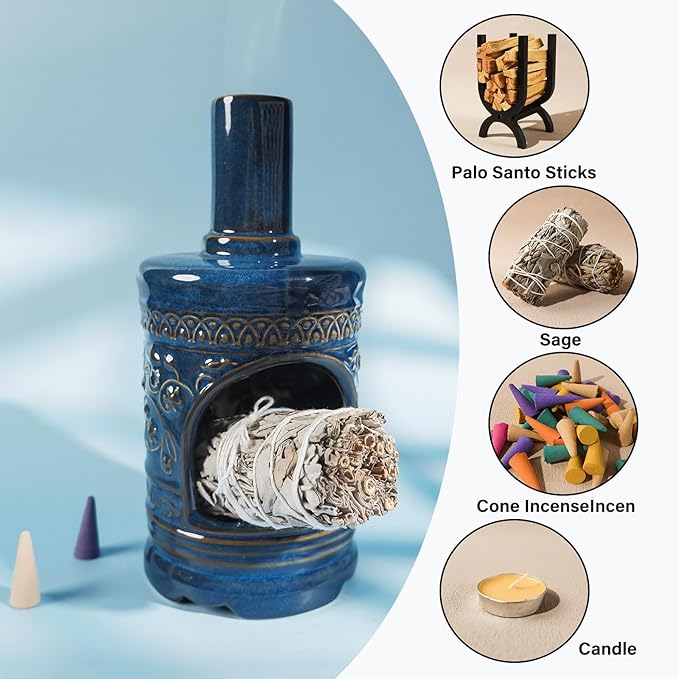 Ceramic Bird & Flower Palo Santo Burner–Stylish Chiminea for Sage、Incense Cones and Candle, Perfect for Meditation, Yoga, Altar & Home Decor – Easy to Clean, Enhance Your Zen Experience