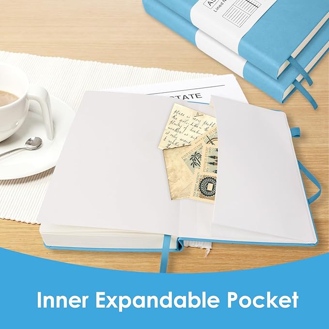 Journals for Writing, A5 Leather Ruled Notebook with 400 Pages, 100 Gms College Ruled Journal with Thick Paper, Hardcover with Inner Pocket & Pen Holder, Sky Blue