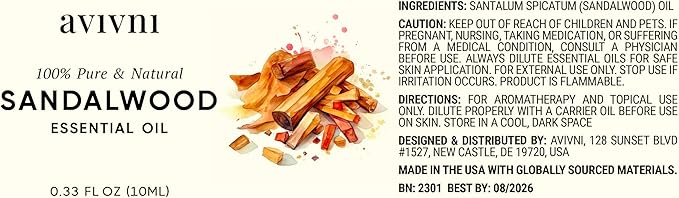 Avivni Australian Sandalwood Essential Oil - 100% Pure & Natural, Undiluted for Aromatherapy, Hair, Diffuser (0.33oz - 10ml)
