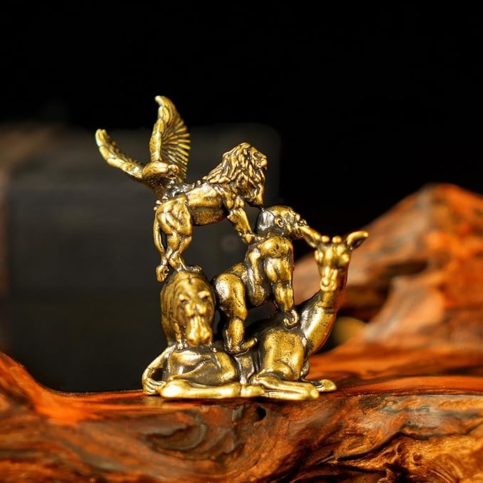 CHOVY Jungle Pyramid Statue - 100% Solid Brass Animal Stack Sculpture (Eagle on Lion, Gorilla & Hippo on Deer), Handcrafted Zoomorphic Art for Office Desk, Unique Safari Decor Gift