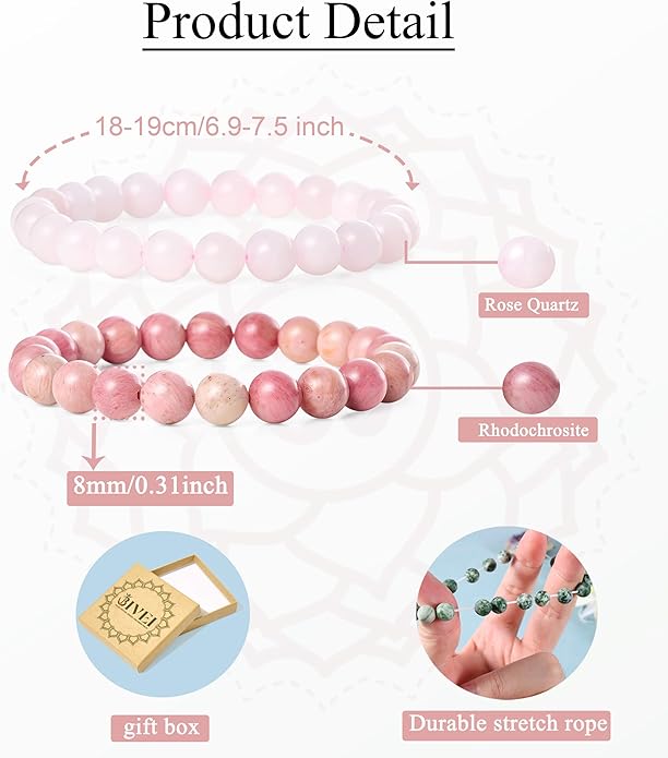 Bivei Natural Gemstone Semi Precious Healing Crystals Handmade Stretchy Round Beads Bracelet, Enhance Positive Energy