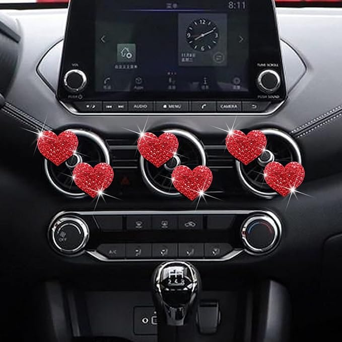 6 Pcs Heart-Shaped Crystal Diamond Air Vent Clip, Heart-Shaped Bling Charms Crystal Car Freshening Diffuser, Car Bling Interior Decorative Accessories for Women (Red)
