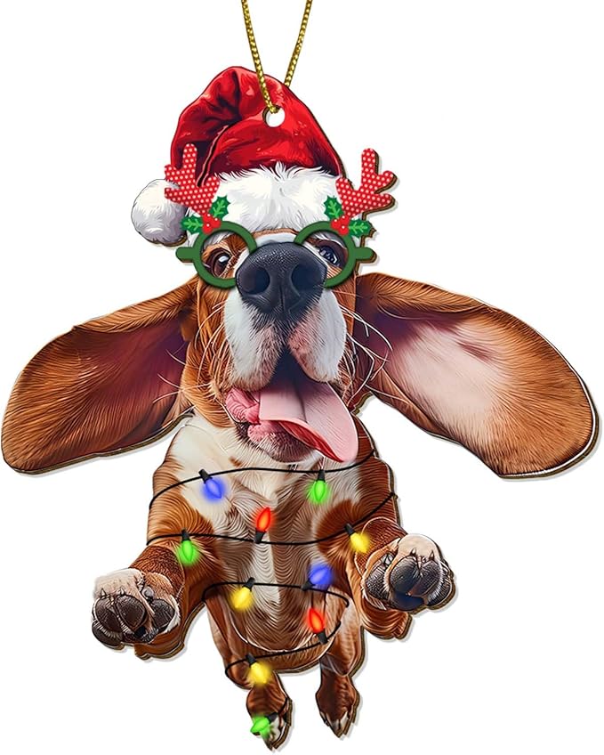 Basset Hound Christmas Tree Keepsake Ornaments, Funny Dogs Themed 2 Side Printed Flat Wooden Ornament, Xmas Hanging Decor