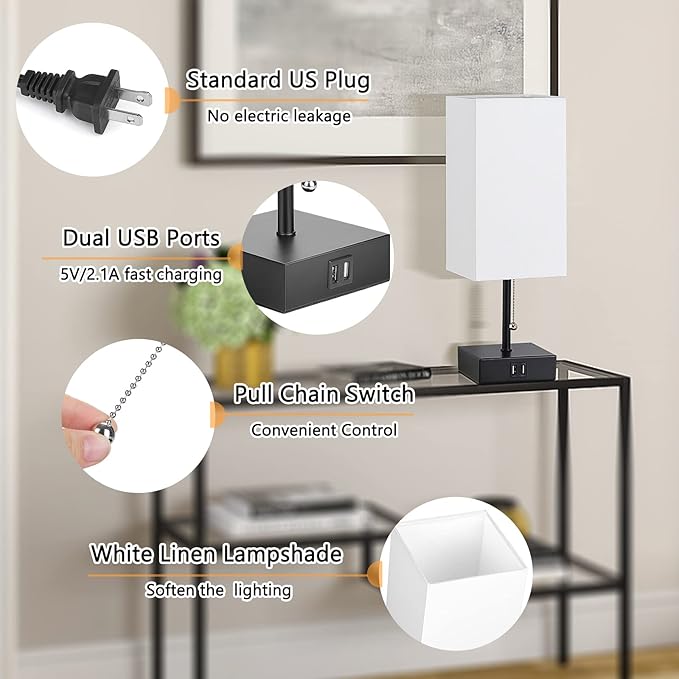 GGOYING Pull Chain Table Lamp, Bedside Lamps with 2 USB Charging Ports, 2700K LED Bulb, White Linen Lampshade for Living Room, Dorm, Office, Home