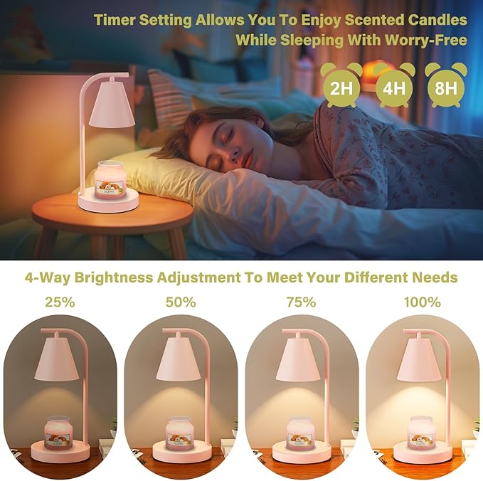 Pink Candle Warmer, Candle Warmer Lamp with Timer，Electric Candle Lamp Warmer for Scented Wax with 2 Bulbs，House Warming Gifts New Home&Gifts for Women, Candle Lamp for Jar Candles