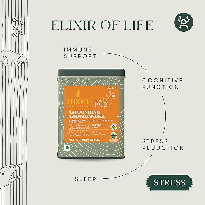 Luxmi Estates - Astounding Ashwagandha - Organic Loose Leaf Tea - 100g (50 Cups) | With Ashwagandha, Turmeric, Ginger, Lemongrass & More | Perfect Stress Relief Tea