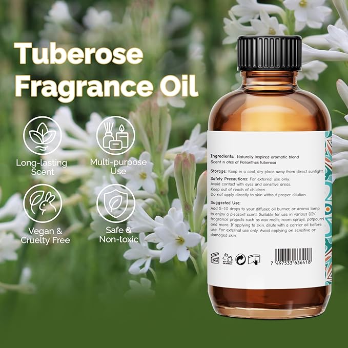 Tuberose Fragrance Oil 2 Oz, Natural Scent Oil for Home Essential Oils Diffuser, Candle Making, Soap Making, DIY Body Oils, Perfume, Body Mist, Spray - Floral Scent