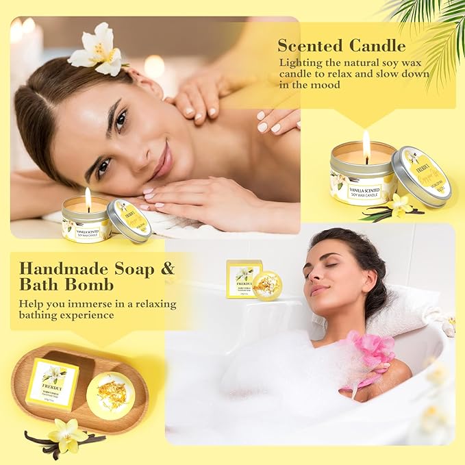 Birthday Gifts for Women, Relaxing Spa Gift Baskets for Women, Warm Vanilla Self Care Bath and Body Gift Set Care Package for Her Wife Mom Female Friends Bestie Sister Mother's Day Gifts