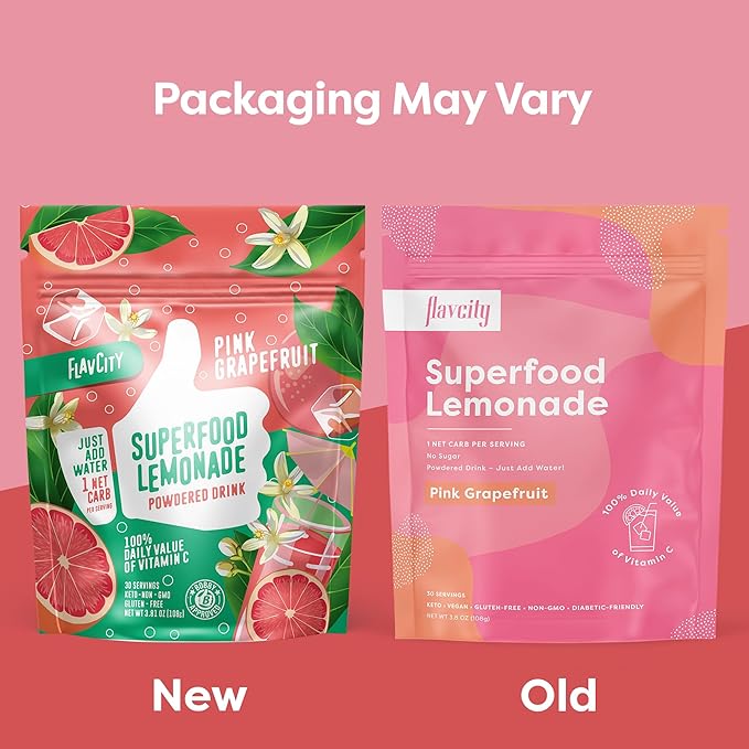 FlavCity Pink Grapefruit Superfood Lemonade Drink Mix - Sugar-Free Lemonade Powder with Real Crystallized Grapefruit & Organic Acerola - 100% DV Vitamin C - Keto, Gluten-Free, Non-GMO (30 Servings)