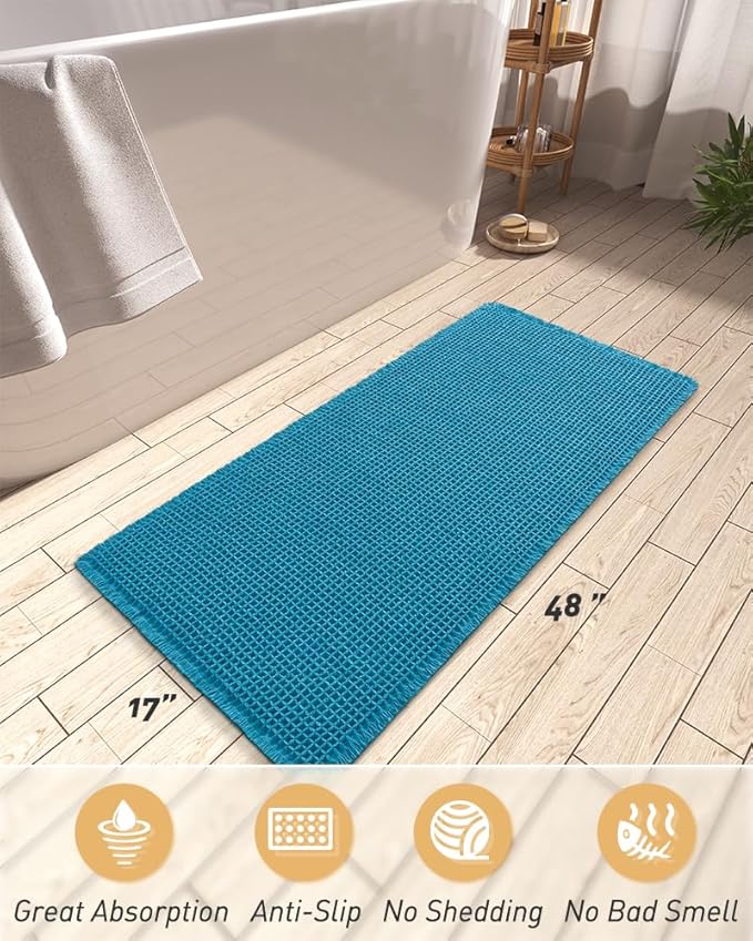 AMOAMI Upgraded Waffle Runner Rug Super Absorbent Non Slip Bath Mats for Bathroom Machine Washable Bathroom Runner Rug with Tassels, Ideal for Hallway Bedroom Laundry Room, 17" x 48", Teal