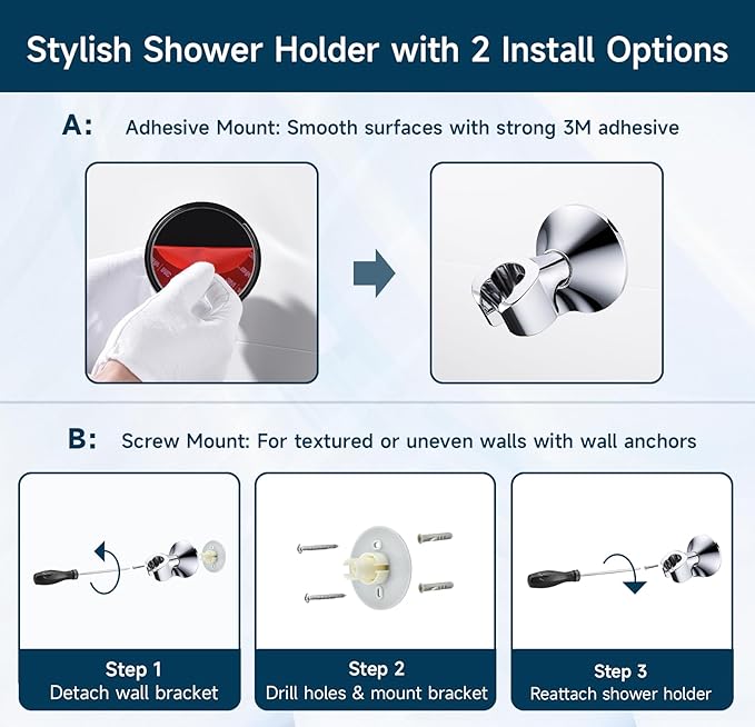 BRIGHT SHOWERS Strong Adhesive Shower Head Holder with Dual Angle Adjustable, Wall Mounted Handheld Shower Bracket, Easy Installation, Screw Mounting Options, Chrome