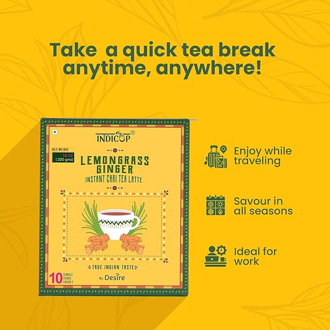 INDICUP Instant Chai Tea Latte Lemongrass Ginger Premix | True Indian Taste Tea Powder | Ready Mix Tea | 10 Single Serve Sachets | 220g (7.76 Ounce)