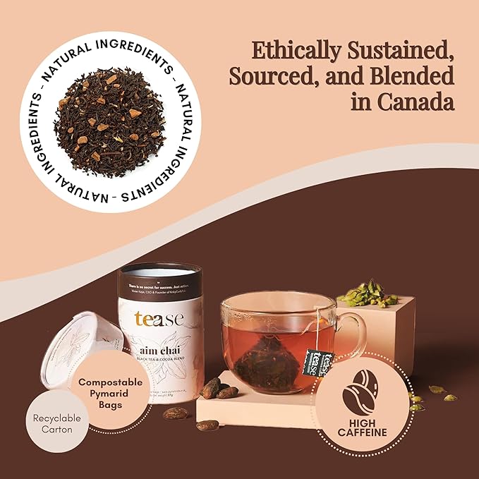 Tease Tea Loose Chai Tea - Aim Chai Organic Tea, Organic Spiced Chai, Caffeinated Herbal Tea Made with Black Tea, Ginger, Cocoa Beans and Nutmeg for an Energizing and Immunity Boosting Support