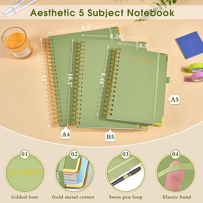 Hardcover Spiral Notebooks for Work, 5 Subject Notebook College Ruled with Dividers Tabs, Lined Organizer Notebook Journal for Women, 8"x10" Large B5 Notebooks for School Note Taking, 240 Pages Green