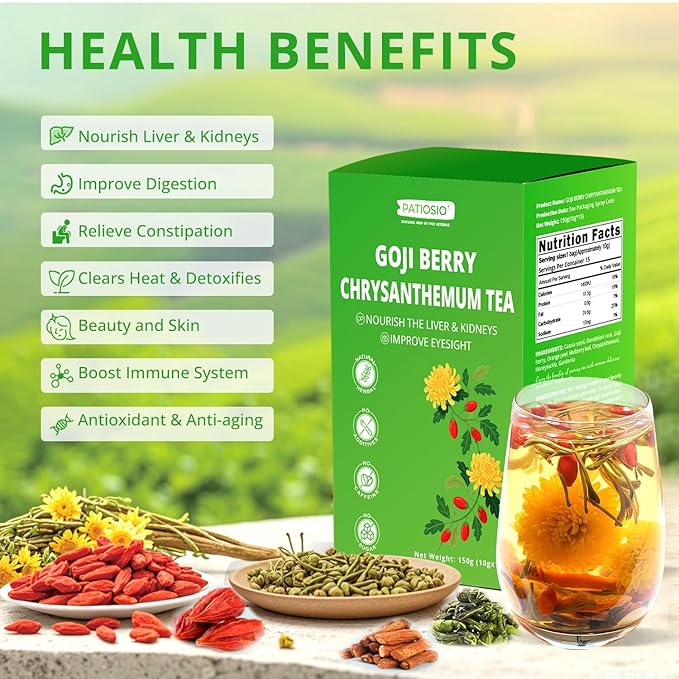 Goji Berry Chrysanthemum Tea - Dandelion Wolfberry Tea for Liver Cleanse & Detox, 8 Excellent Raw Material - Liver Health Chinese Herbal Tea Bags - Vegan, Sugar-Free & Caffeine-Free (2Box(30Bags))