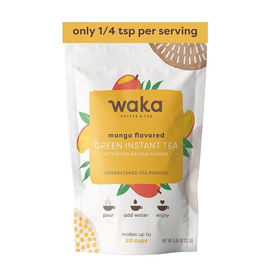 Waka Instant Green Tea Mix, Mango Flavored - 100% Tea Leaves, No Additives, Unsweetened Sample/Travel Size Tea Powder - Easy Quick Hot and Iced Teas, Up to 20 Cups or 5 Quarts (.45oz)