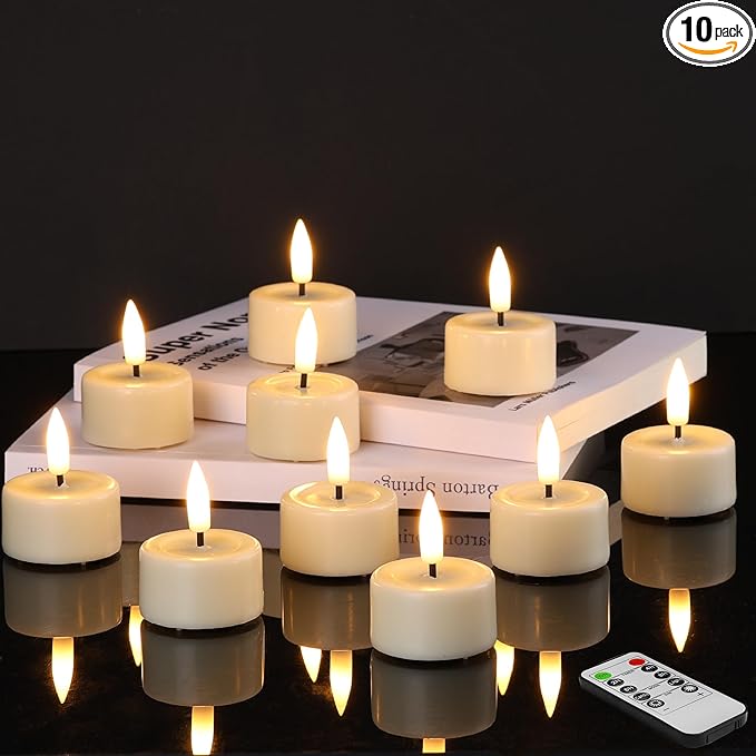 Eywamage Ivory Flameless Wax Tealights with Remote Batteries, Flickering Realistic LED Tea Votive Candles Set of 10