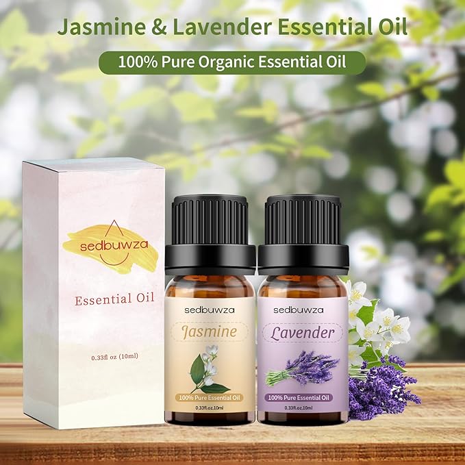 Sedbuwza Lavender Jasmine Essential Oil Set, Lavender Fragrance Oil Jasmine Scent Oil Set for Diffuser, Aromatherapy, Massage, Soap, Candle Making 2 x 10 ml