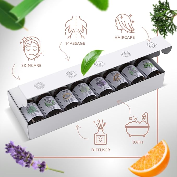 HBNO Essential Oils Set (10ml) - Top 8 Essential Oils. Ideal for Aromatherapy, Soap Making, and More - Cedarwood, Eucalyptus, Frankincense, Lemongrass, Lavender, Orange, Peppermint, Tea Tree