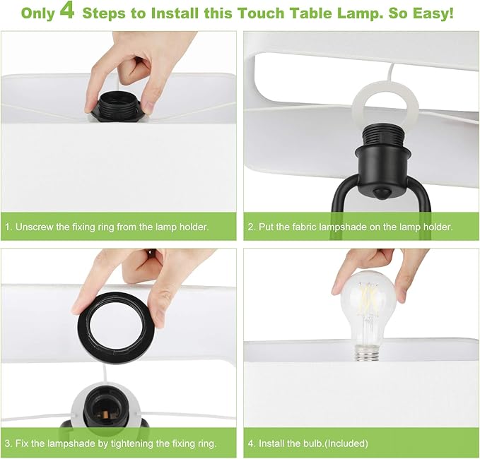 Bedside Touch Control Table Lamp with Dual USB Charging Ports 1 AC Outlet, 3 Way Dimmable Modern Nightstand Lamp with White Fabric Shade, Desk Lamp for Bedroom Living Room Office with 5000K LED Bulb